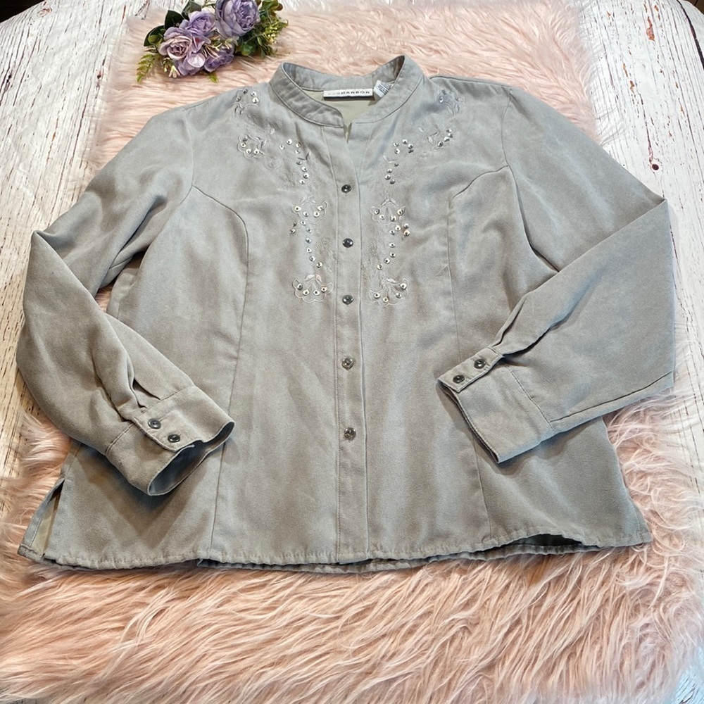 Sag Harbor Grey Faux Suede Sequin Mock Neck Button Front Top sz M